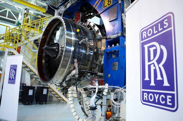 FILE PHOTO: A BR700-725 jet engine is seen at the assembly line of the Rolls-Royce Germany plant in Dahlewitz near Berlin, Germany, February 28, 2023. REUTERS/Nadja Wohlleben/File Photo