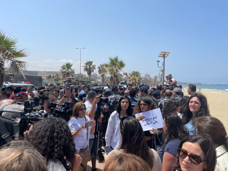 Women protesting in Sidon, Lebanon over the right to wear what they want at public beaches