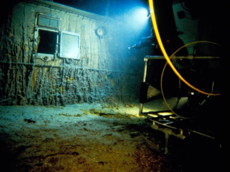 This handout image taken during the historical 1986 dive and released February 15, 2023 shows the Titanic deck bulkhead.