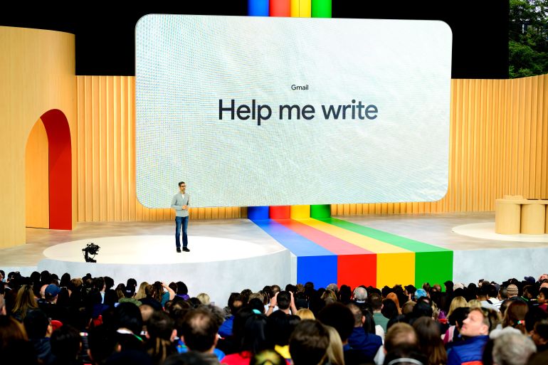 Google CEO Sundar Pichai speaks during the Google I/O keynote session at Shoreline Amphitheatre in Mountain View, California