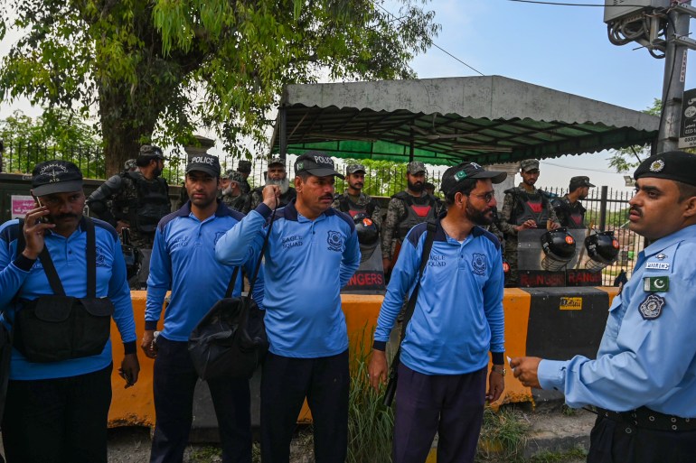 Rangers stand guard at the High Court for the arrival of Pakistan's former Prime Minister Imran Khan in Islamabad on May 12, 2023.