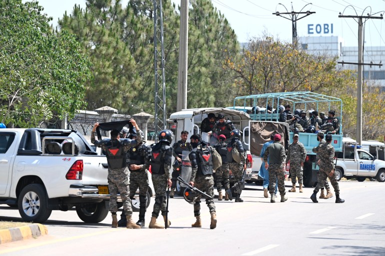 Rangers cordon off the High Court for the arrival of Pakistan's former Prime Minister Imran Khan in Islamabad on May 12, 2023