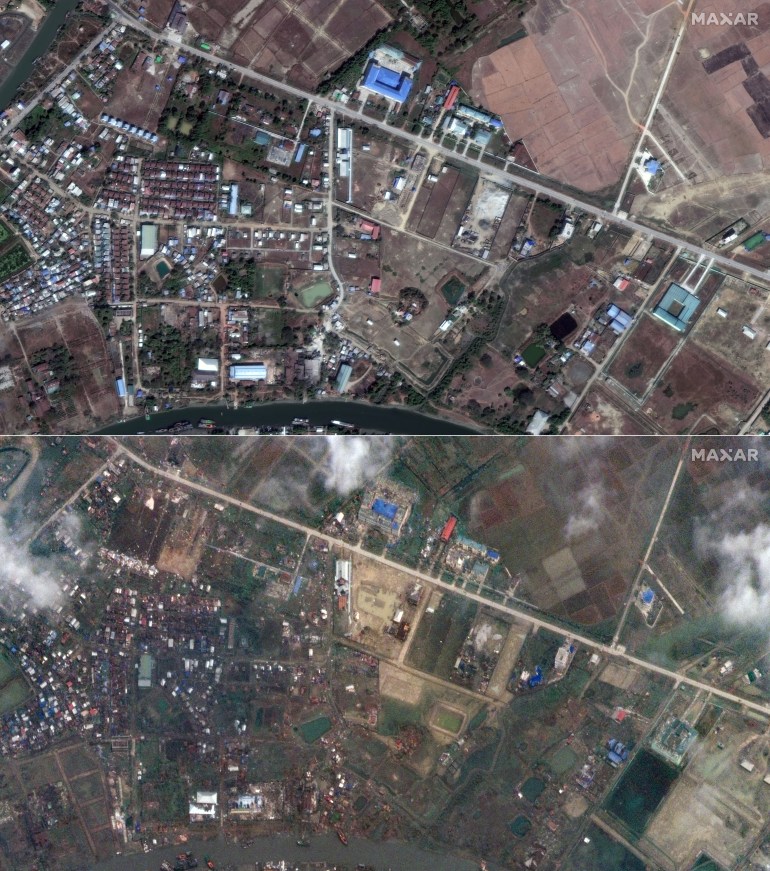 Gambar satelit sebelum dan sesudah menunjukkan kerusakan di Sittwe