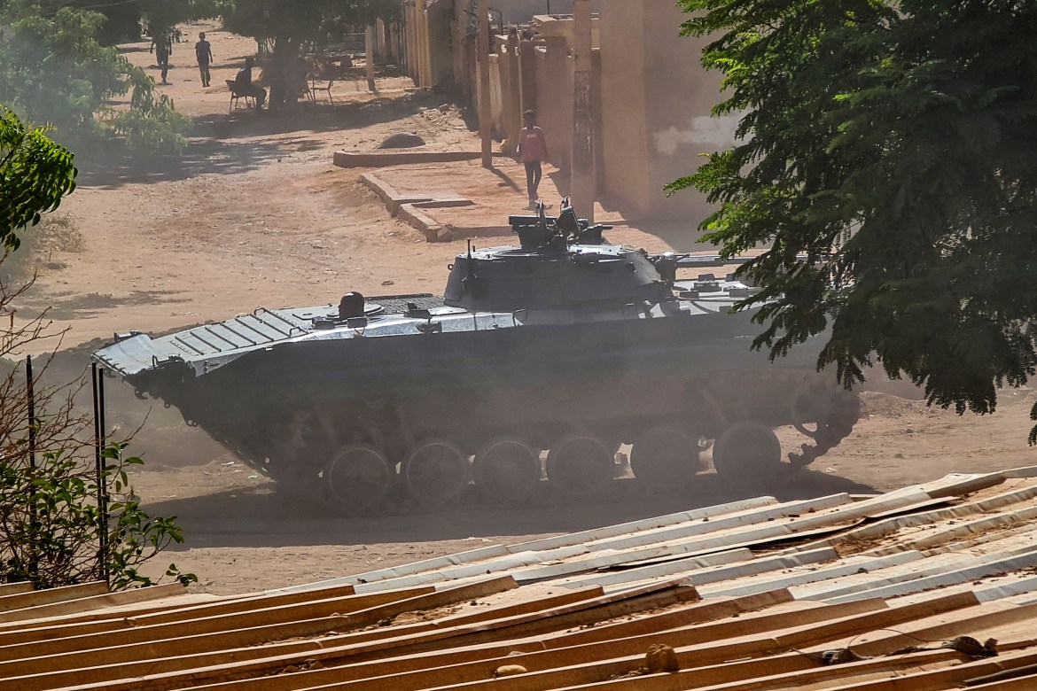 A Sudanese army armoured vehicle is stationed in southern Khartoum