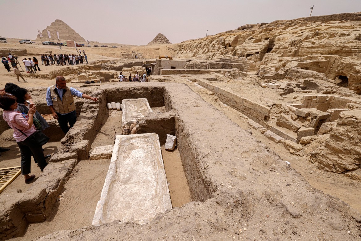 Visitors tour the site in the Saqqara necropolis                south of Cairo