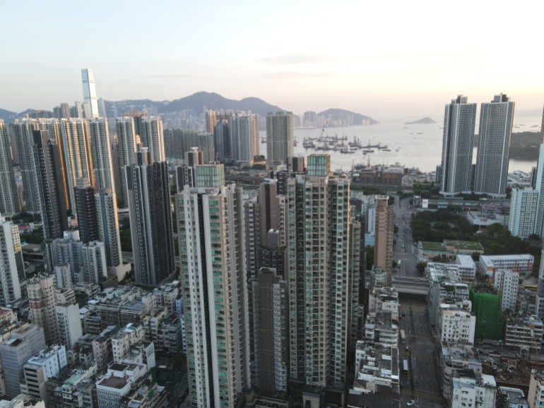 An aerial view of Hong Kong's high rise, densely-packed apartments