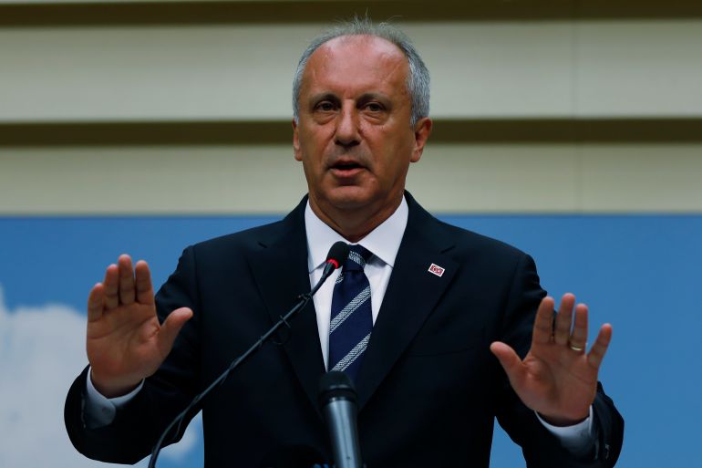 A day after elections, Muharrem Ince, the candidate of Turkey's main opposition Republican People's Party, gestures as he talks during a news conference in Ankara