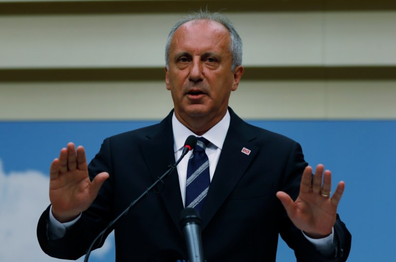 A day after elections, Muharrem Ince, the candidate of Turkey's main opposition Republican People's Party, gestures as he talks during a news conference in Ankara