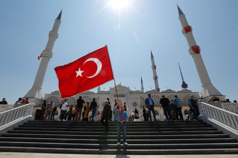 People visit the Camlica mosque on the day of its inauguration, in Istanbul