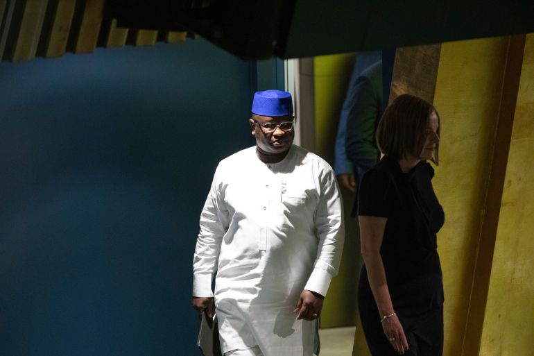 Sierra Leone's President Julius Maada Bio gets ready to speak during the United Nations General Assembly at United Nations headquarters Thursday, Sept. 26, 2019. [Kevin Hagen/AP Photo]