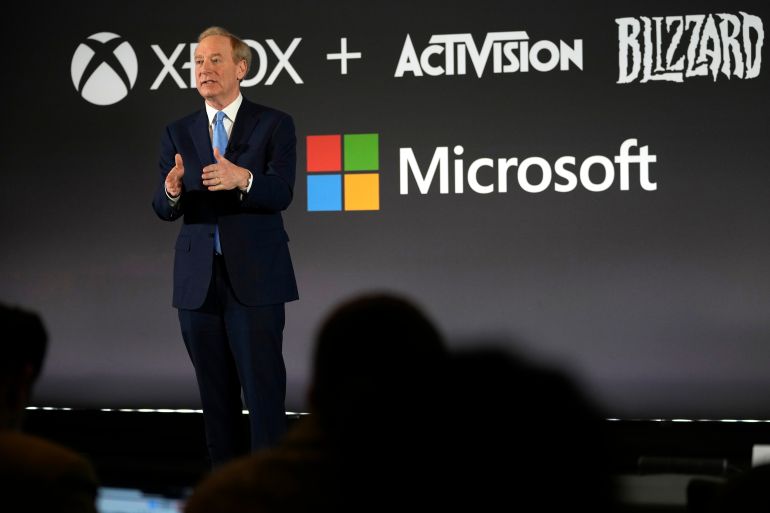Microsoft President Brad Smith addresses a media conference regarding Microsoft's acquisition of Activision Blizzard and the future of gaming in Brussels, Belgium
