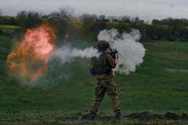 A Ukrainian soldier fires an RPG during his training at a front-line position near Vuhledar, Donetsk region, Ukraine, Monday, May 1, 2023.
