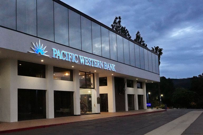 A Pacific Western Bank branch is seen in Thousand Oaks, California, US