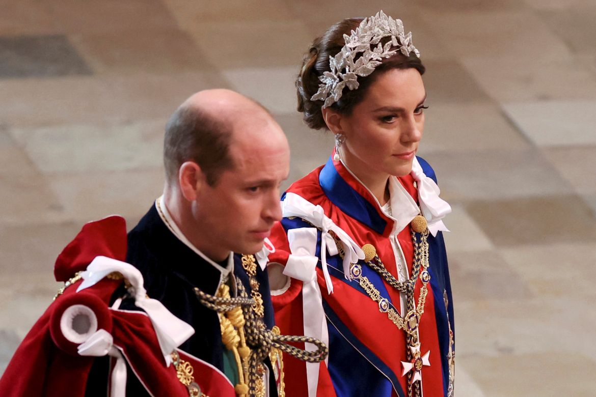 Britain's Prince William and Kate, princess of Wales, arrive at the coronation of King Charles III.