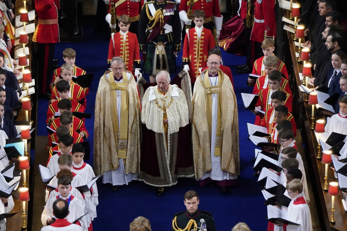 Britain's King Charles III arrives for his coronation at Westminster Abbey in London.