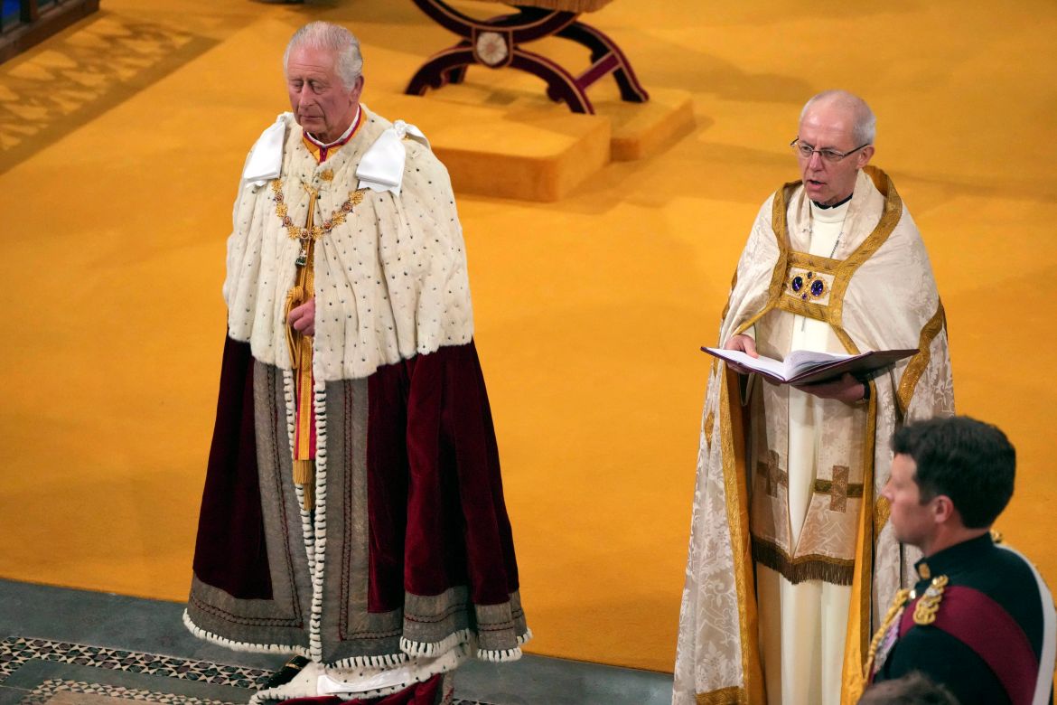 King Charles III, left, stands next to Archbishop of Canterbury Justin Welby during his coronation ceremony.