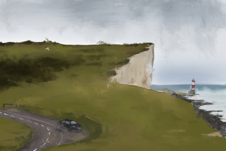 An illustration of a cliff with a lighthouse in the sea and a car driving up the road along the cliff.
