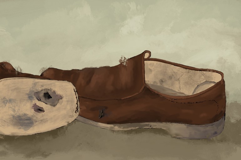 An illustration of two brown shoes, one had a hole at the bottom.