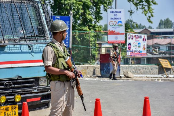 paramilitary trooper stands alert during a G20 tourism meet in Srinagar