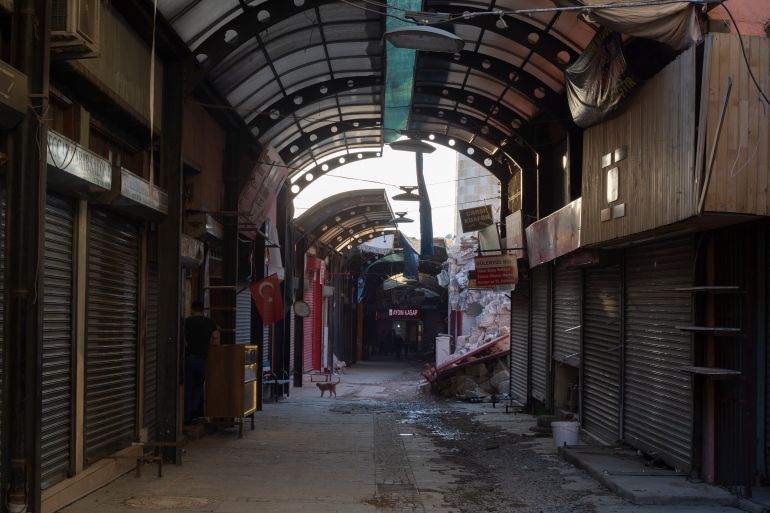 Shuttered shops in the old bazaar in the city centre of Antakya
