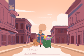 An illustration of a person on a scooter riding in the middle of the street with buildings on either side and a dog on the left of the man and a cart with sweets in it on the right side of the man.