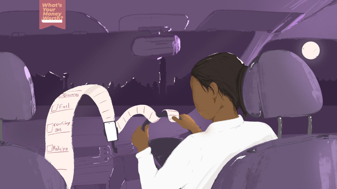 An illustration of someone driving with a receipt curling around the steering wheel.