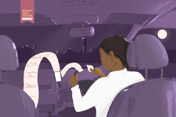 An illustration of someone driving with a receipt curling around the steering wheel.