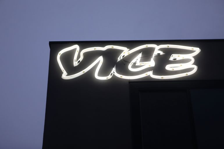 Vice Media offices display the Vice logo at dusk on February 1, 2019 in Venice, California. Vice Media announced it is cutting 250 jobs globally
