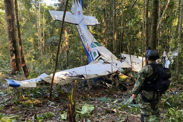 A soldier stands next to the wreckage of a plane in the jungle