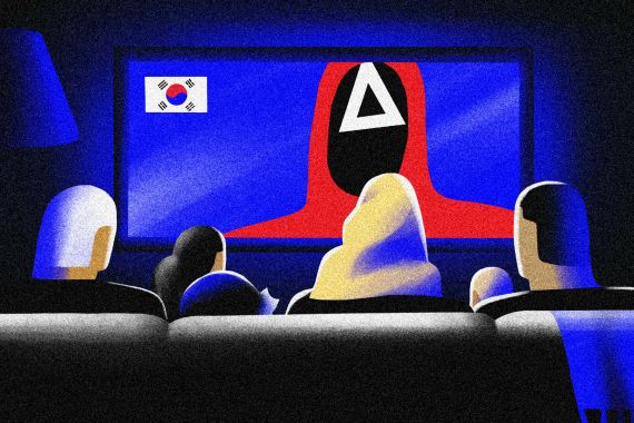 Big Question illustration showing figures of people silhouetted from the back as they watch a big screen with an illustration of a Squid Game character. There is a small South Korean flag in the upper left corner of the screen.