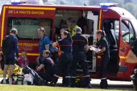 Medics and emergency personnel were at the scene in Annecy [Gregory Yetchmeniza/EPA-EFE//France Out]