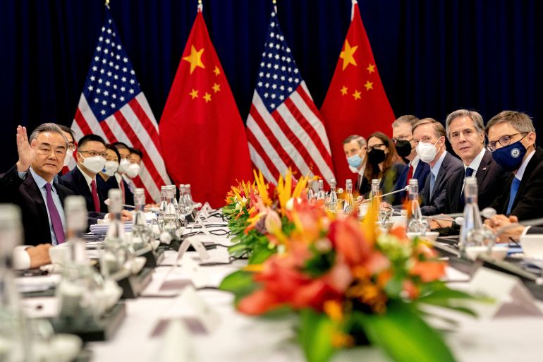 US Secretary of State Antony Blinken and Chinese Foreign Minister Wang Yi attend a meeting in Nusa Dua, Bali, Indonesia July 9, 2022. Stefani Reynolds/Pool via REUTERS