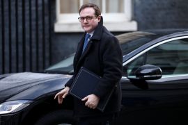 British Minister of State for Security Tom Tugendhat walks on Downing Street in London