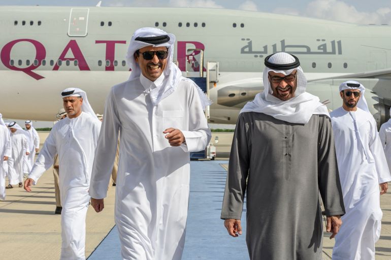 President of United Arab Emirates Sheikh Mohamed bin Zayed Al Nahyan and Sheikh Tamim bin Hamad Al Thani Emir of Qatar