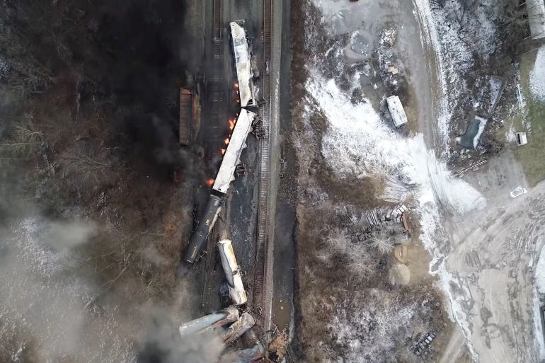 Drone footage shows the freight train derailment in East Palestine, Ohio, U.S., February 6, 2023