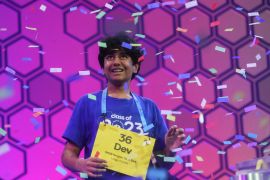 Dev Shah, 14, reacts after winning the Scripps National Spelling Bee competition in National Harbor, Maryland, US, June 1, 2023. [Leah Millis/Reuters]