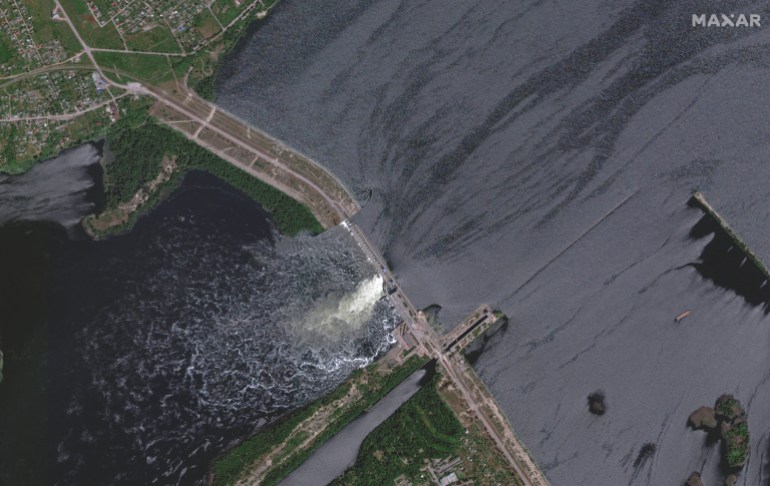 A satellite image shows Nova Kakhovka Dam in Kherson region, Ukraine May 28, 2023. Maxar Technologies/Handout via REUTERS THIS IMAGE HAS BEEN SUPPLIED BY A THIRD PARTY. NO RESALES. NO ARCHIVES. MUST NOT OBSCURE LOGO.