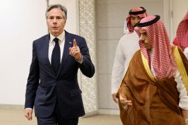US Secretary of State Antony Blinken walks with Saudi Arabia&#39;s Foreign Minister Prince Faisal bin Farhan Al Saud at the Gulf Cooperation Council Secretariat in Riyadh on June 7 [Ahmed Yosri/Pool via Reuters]