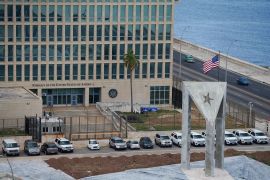 The US embassy in Havana next to the Cuban capital&#39;s Anti-Imperialist stage [File: Alexandre Meneghini/Reuters]