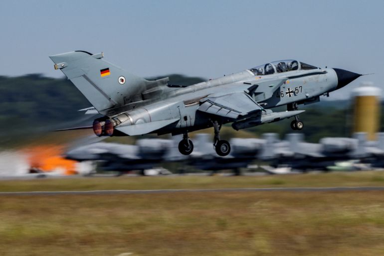 A German ECR Tornado aircraft takes off during the Air Defender Exercise 2023 at the military airport of Jagel, northern Germany, June 9, 2023. Axel Heimken/Pool via REUTERS