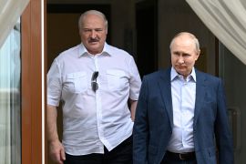 Russian President Vladimir Putin and Belarusian President Alexander Lukashenko walk during a meeting at the Bocharov Ruchei residence in Sochi, Russia June 9, 2023. Sputnik/Pavel Bednyakov/Kremlin via REUTERS ATTENTION EDITORS - THIS IMAGE WAS PROVIDED BY A THIRD PARTY.