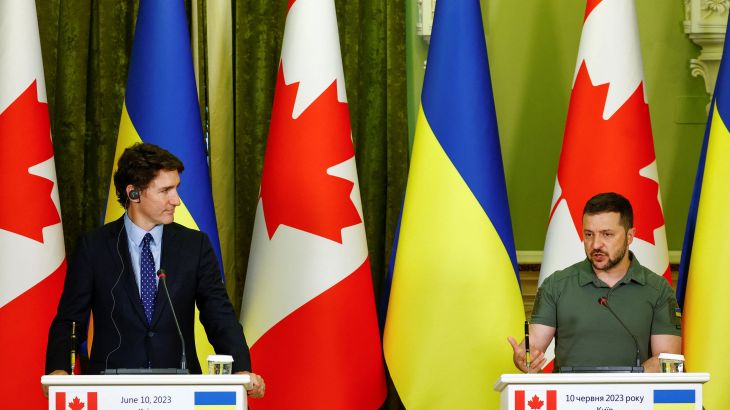 Canadian Prime Minister Justin Trudeau and Ukraine's President Volodymyr Zelenskiy attend a joint press conference, amid Russia's attack on Ukraine, in Kyiv, Ukraine June 10, 2023. REUTERS/Valentyn Ogirenko