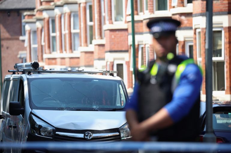 Damage is seen to the front of a white van, inside a police cordon, following a major incident in Nottingham city centre, Nottingham, Britain, June 13, 2023.