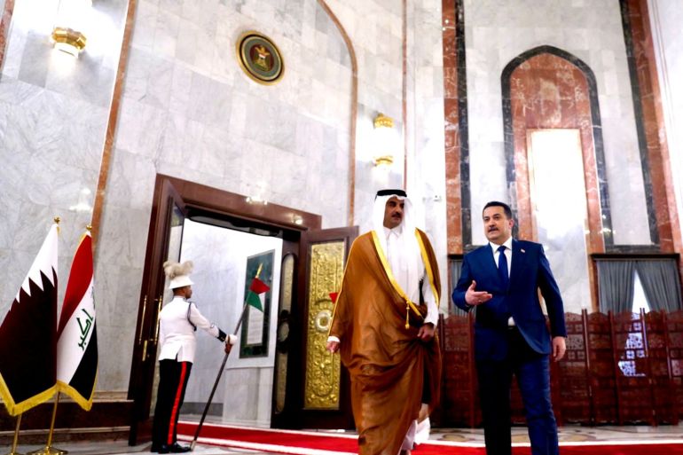 Iraqi Prime Minister Mohammed Shia al-Sudani meets with Qatar's Emir Sheikh Tamim bin Hamad al-Thani, in Baghdad, Iraq June 15, 2023. Iraqi Prime Minister's Media Office/Handout via REUTERS THIS IMAGE HAS BEEN SUPPLIED BY A THIRD PARTY