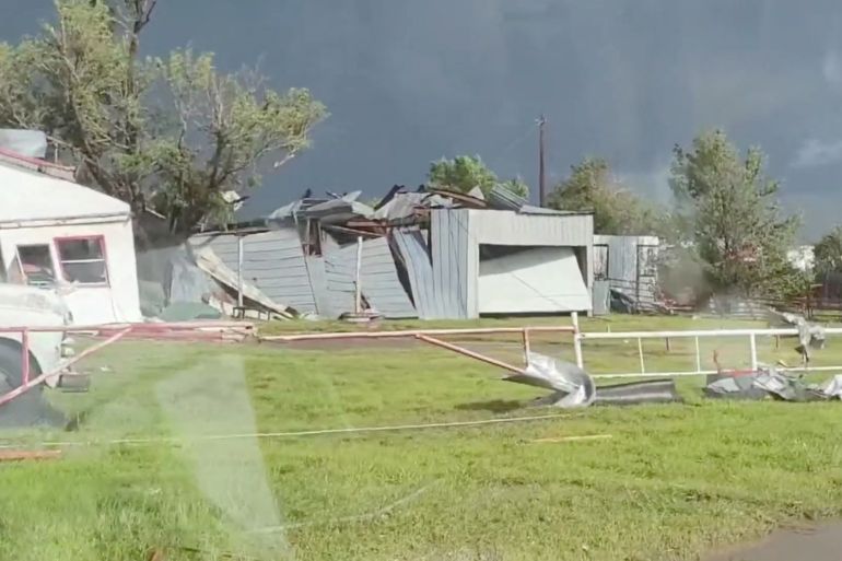 A view of a damaged site in Perryton as the town gets struck by a tornado, in Texas, U.S. June 15, 2023, in this screengrab obtained from a social media video. Sabrina Devers via TMX/via REUTERS THIS IMAGE HAS BEEN SUPPLIED BY A THIRD PARTY. MANDATORY CREDIT. NO RESALES. NO ARCHIVES.