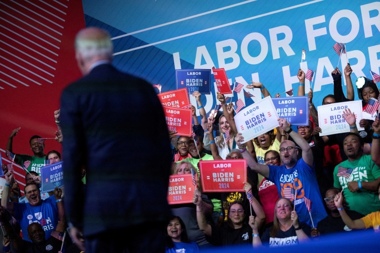 U.S. President Joe Biden turns towards a cheering crowd during a labor union event at the Pennsylvania Convention Center in Philadelphia, Pennsylvania, U.S., June 17, 2023. REUTERS/Tom Brenner