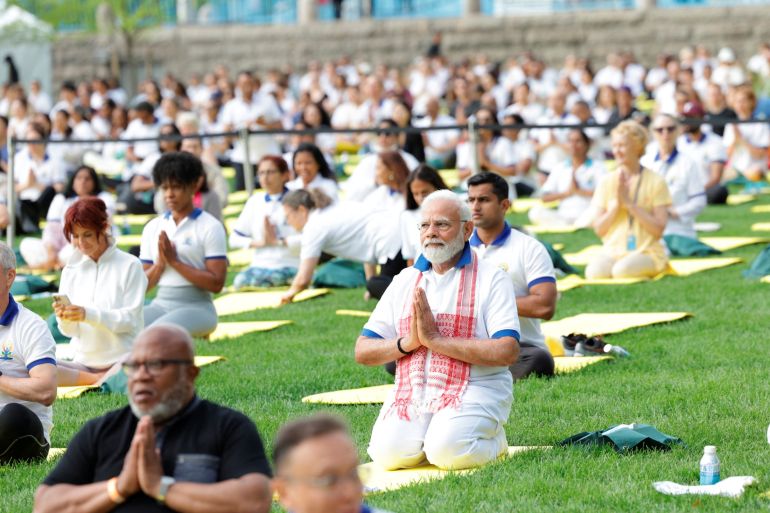 Participants take part in the 9th International Day of Yoga event with India's Prime Minister Narendra Modi at United Nations headquarters in New York City, New York, U.S., June 21, 2023. India's Press Information Bureau/Handout via REUTERS THIS IMAGE HAS BEEN SUPPLIED BY A THIRD PARTY. NO RESALES. NO ARCHIVES.