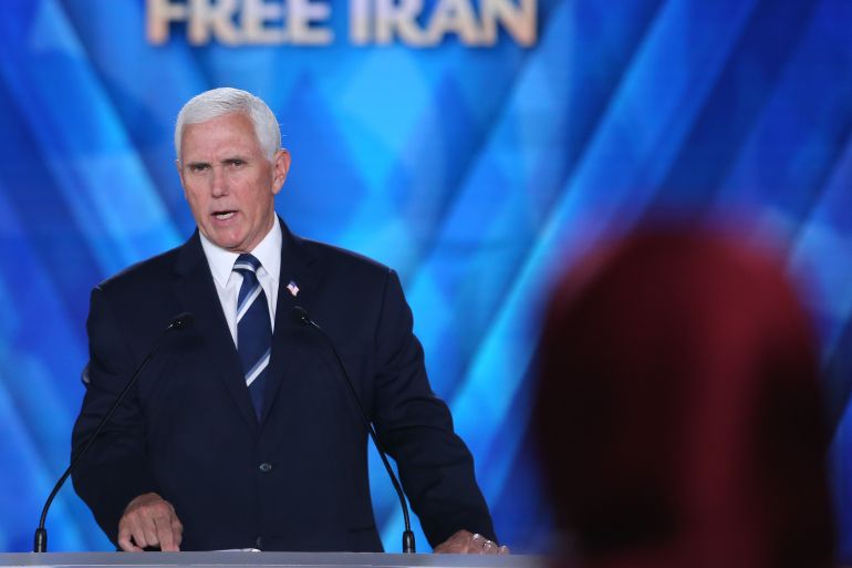 Former Vice President of the United States Mike Pence addresses a speech to the People's Mojahedin Organization of Iran
