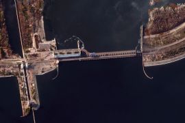 An overview of Nova Kakhovka dam in the Kherson region of Ukraine before its destruction [Maxar Technologies/AFP]