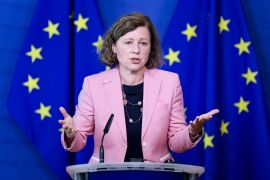 European Commission Vice President Vera Jourova speaks during a press conference on the meeting of the task force of the Code of Practice on disinformation at European Union headquarters in Brussels [Kenzo Tribouillard/AFP]